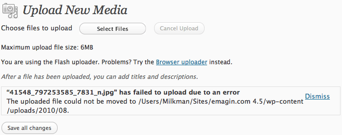 WordPress Failed Upload "somefile.jpg" has failed to upload due to an error